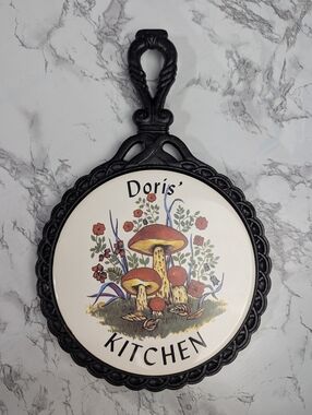Vintage 1970s Mushroom Cast Iron & Ceramic Trivet - Doris' Kitchen